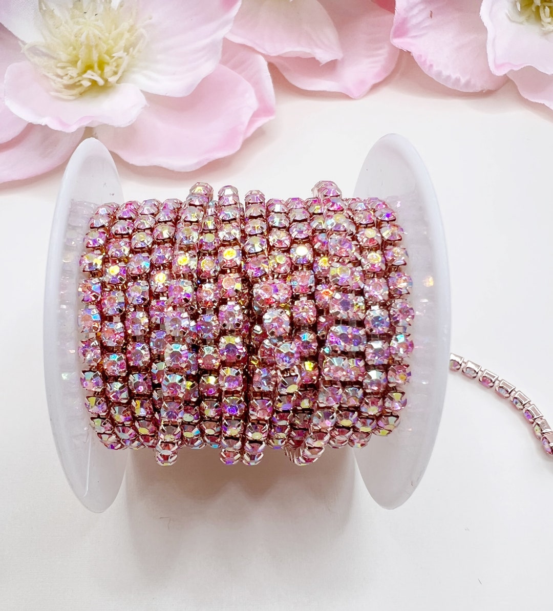 1 YARD 3mm Rhinestones Cup Chain Trim Rose AB Color With Light Gold ...