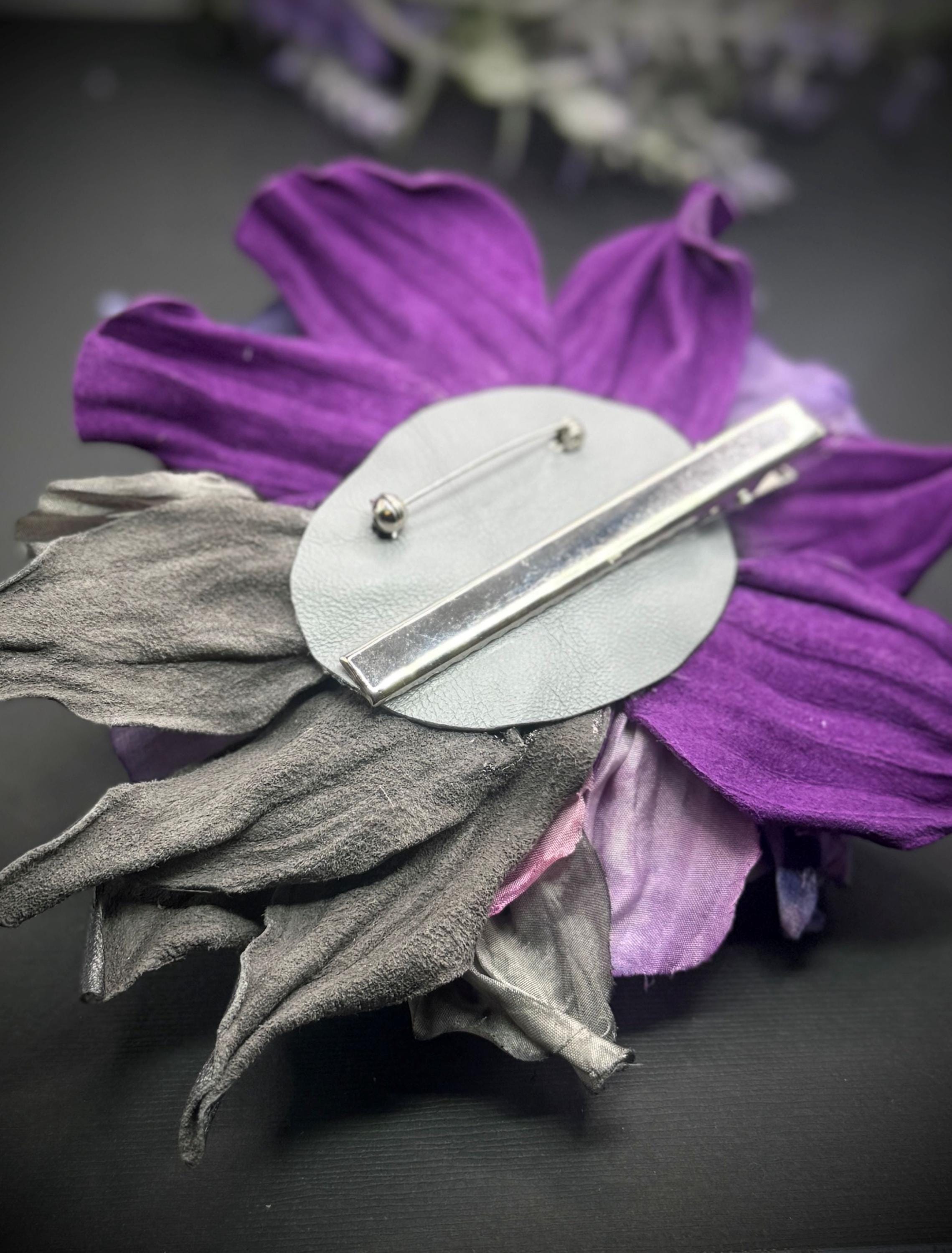 Women’s Floral suede leather pins  Set - Lilac, Silver, Black, Brown like new Purple Leather Flower Pin - Etsy main image 3