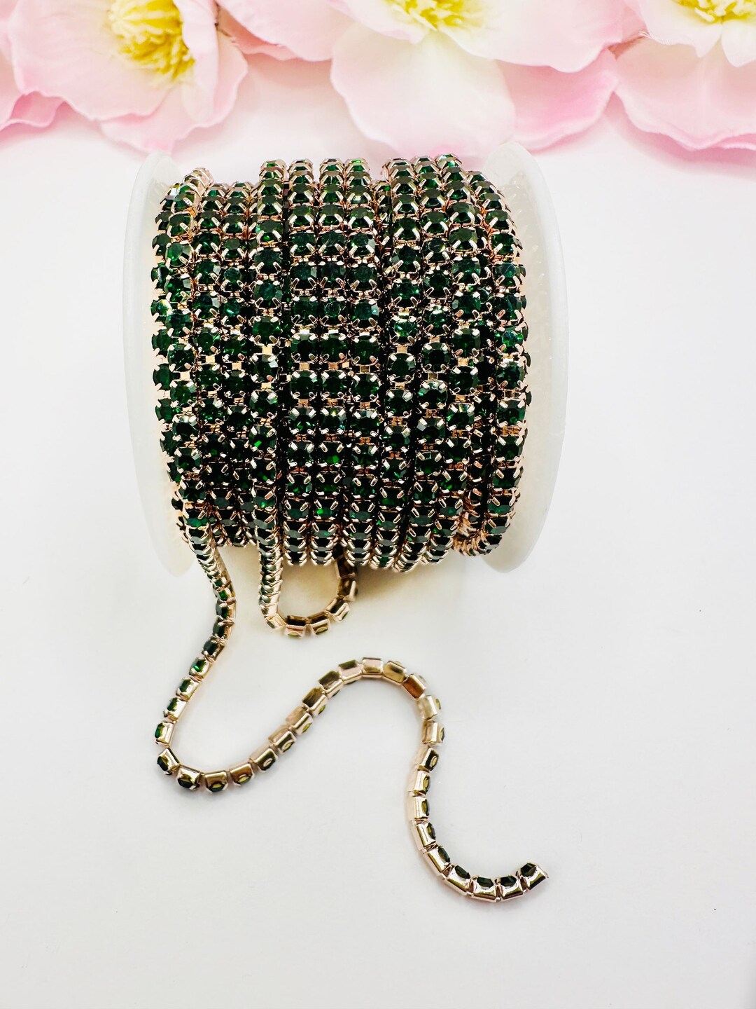 1 YARD 3mm Rhinestones Cup Chain Trim Emerald Color With Light Gold ...