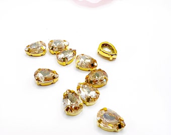 Golden Shadow Sew on Glass Crystal In Gold Color Setting Teardrop Shape 10x14mm, 7x10mm