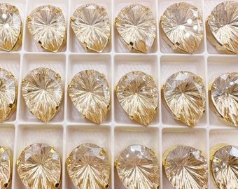 Lotus Sew On Teardrop Crystal 13x18mm Champagne Burst in Gold Color Setting- 2 pieces