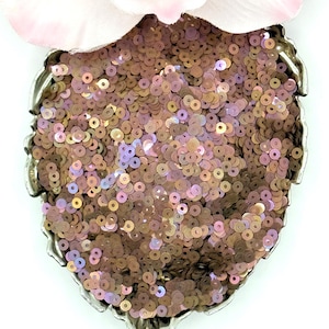May include: A collection of small, round, iridescent sequins in shades of muted mauve and brownish-pink. The sequins are contained within a silver-toned, leaf-shaped metal dish, with a soft pink fabric flower petal visible at the top edge.