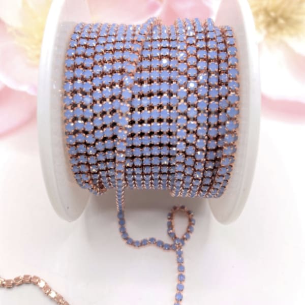 1 YARD 2mm Rhinestones Cup Chain Opal Blue Color in Rose Gold /Gold Color Setting 2mm SS6--- Sold By The Yard