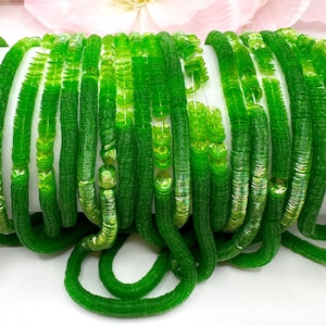 May include: A close-up of a spool of green iridescent sequins. The sequins are arranged in a spiral pattern and have a shiny, reflective finish.