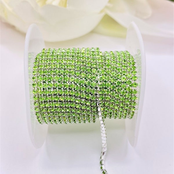 1 YARD 2mm Rhinestones Cup Chain Peridot Color In Silver Color Setting  SS6 --- Sold by the yard