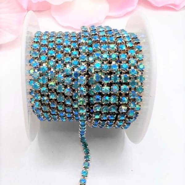 1 YARD 3mm Rhinestones Cup Chain Aquamarine AB Color In Light Gold Color Setting  SS12 --- Sold by the yard