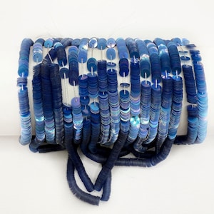 May include: A roll of iridescent blue sequins, arranged in a gradient from dark blue to light blue. The sequins are strung on a thin thread and are ready to be used for crafting or sewing projects.