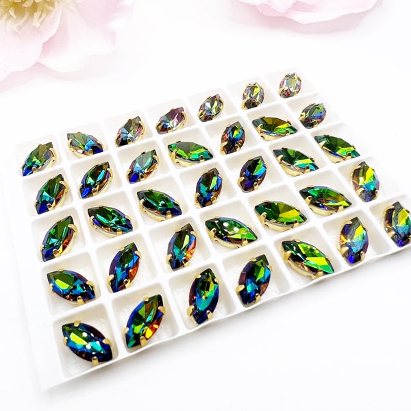 5x10 mm Sew on Glass Crystal Rainbow Green in Gold Color Setting Navette/Horse Eye  Shape -6 pieces