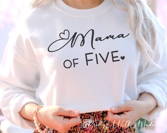 Mamá de cinco hijos con corazones Svg Png, Cricut Cut Template, Sublimaation Mom with Number of Kids Children Artwork, Screen Printable Design Arts