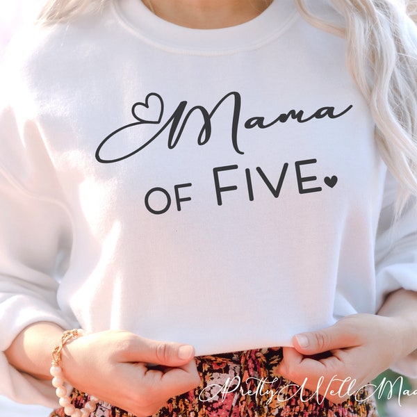 Mama of Five with hearts Svg Png, Cricut Cut Template, Sublimation Mom with Number of Kids Children Artwork, Screen Printable Design Arts