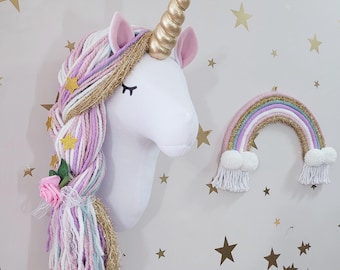 Large Unicorn Wall Decor, Plush Unicorn Wall Mount, Pastel Girls Room Decoration, Fairytale Wall Art, Girls Bedroom Decor
