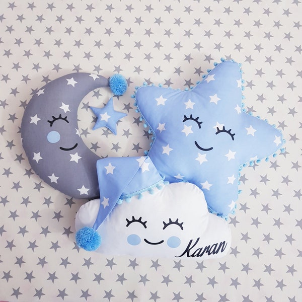 Cuscini Cloud Moon e Star Kids, Baby Boy Nursery Decor, New Baby Christening Present, Set di cuscini per bambini, Baby Shower Gift Baby Cushions