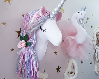 Unicorn Head and Swan Head Wall Decor , Wall Hanging Girl's Room Decor