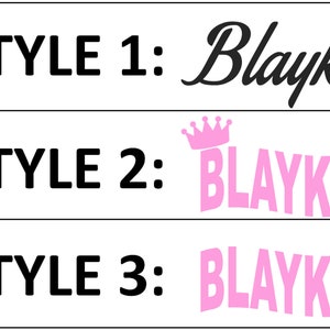 May include: Three different styles of the name "Blayke" are shown. Style 1 is a cursive font. Style 2 is in all caps with a pink crown above the name. Style 3 is in all caps with a pink outline.