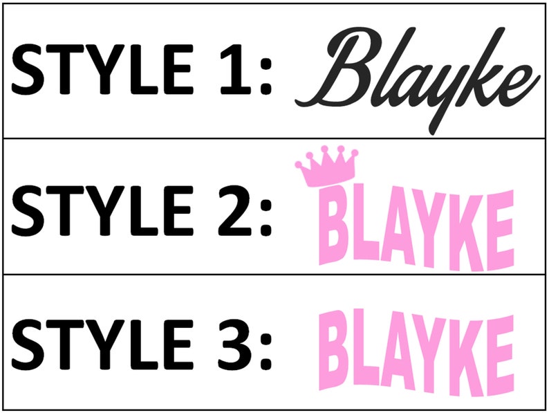 May include: Three different styles of the name "Blayke" are shown. Style 1 is a cursive font. Style 2 is in all caps with a pink crown above the name. Style 3 is in all caps with a pink outline.