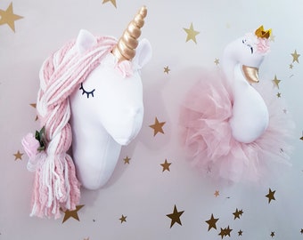 Unicorn Wall Mount and Swan Wall Mount, Plush Wall Decor for Girl's Bedroom, Nursery Wall Hanging for Girl's Room