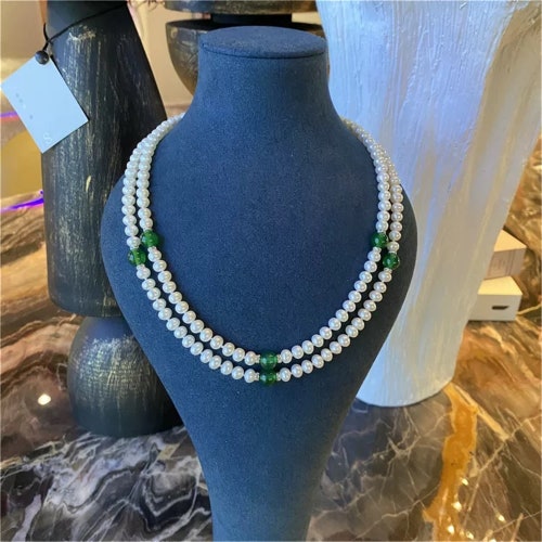 8-9mm Pearl shops and Jade Necklace, White Oval Freshwater Pearl and Jade Ball Necklace Double Layer Necklace