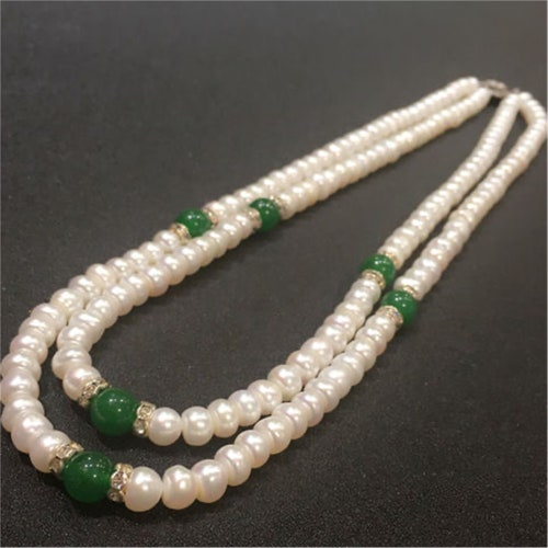 8-9mm Pearl shops and Jade Necklace, White Oval Freshwater Pearl and Jade Ball Necklace Double Layer Necklace
