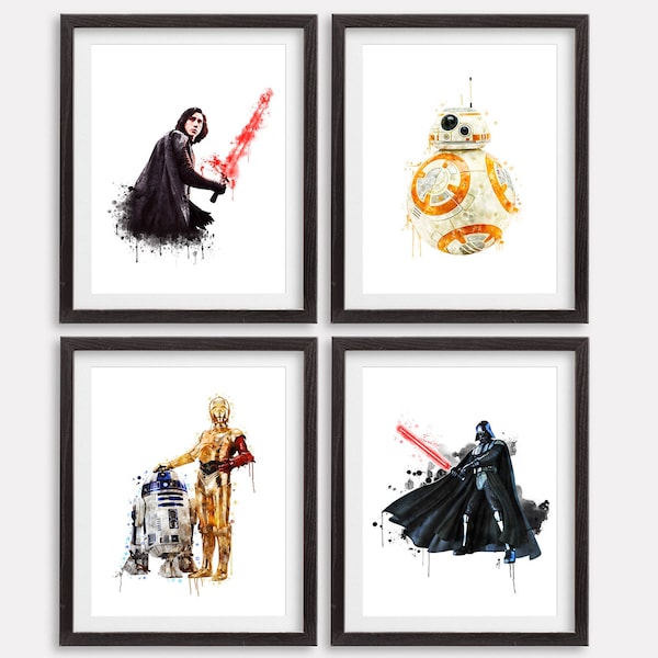 Star Wars Art Print Set4 Watercolor Poster Bb8 Printable Kylo Ren Artwork Darth Vader R2 D2 Print C2PO Nursery Wall Art Star Wars Wall Decor