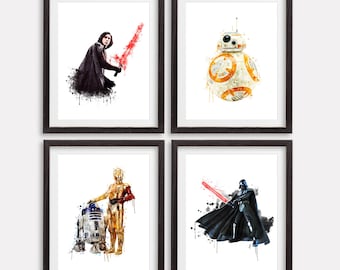 スター・ウォーズ 水彩画アートプリント：レイ、カイロ・レン、ダース