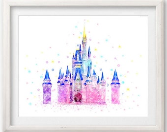 Princess Castel Art Print Magic Kingdom Poster Watercolor Magic Castle Printable Painting Nursery Wall Art Princess Wall Decor Birthday Gift