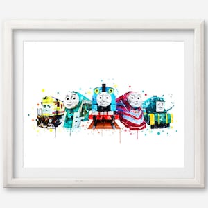 May include: A watercolor painting of five cartoon trains, including Thomas the Tank Engine. The trains are in a line, facing forward, with colorful splashes of paint around them.