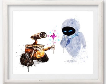 Wall-E and Eve Watercolor Art Print Poster Wall-E Robot Printable Valentine's Day Gift Robot Love Poster Robot Artwork Kids Room Wall Decor