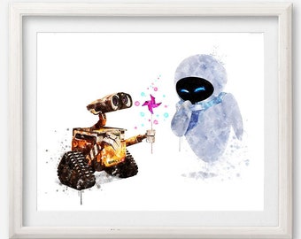 Wall-E and Eve Watercolor Painting Poster Wall-E Art Print Kids Room Decor Wall-E & Eve Printable Eve Artwork Nursery Wall Art Birthday Gift