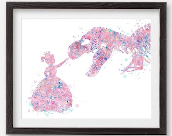 Little Girl and T-Rex Watercolor Art Print Child Princess and Dinosaur Poster Printable Girl Room Wall Decor Nursery Wall Art Birthday Gift