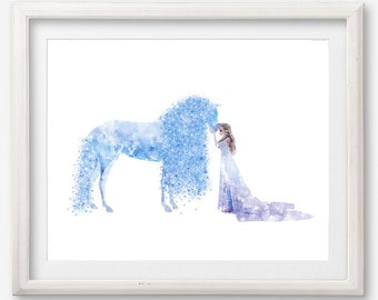 Frozen 2 Elsa And Ice Horse Watercolor Poster Art Print Artwork Printable Painting Nursery Wall Art Girl Kids Room Wall Decor Birthday Gift