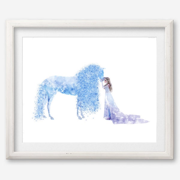 Frozen 2 Elsa en Ice Horse Aquarel Poster Art Print Artwork Afdrukbare Schilderij Kwekerij Kunst aan de muur Meisje Kinderen Kamer Muur Decor Verjaardagscadeau