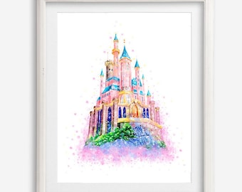 Magic Kingdom Art Print Aquarel Poster Cindirella Castle Afdrukbaar schilderij Prinses Kasteel Kwekerij WallArt Kids Room Wall Decor Verjaardag