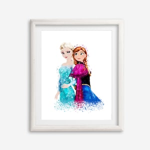 May include: Watercolor print of two animated female characters, one with blonde hair in a blue dress and the other with red hair in a blue and black dress. The print is framed in a white wooden frame.
