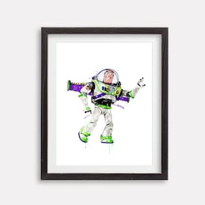 May include: A framed watercolour painting of Buzz Lightyear from the Toy Story franchise. The painting is done in a white, green, and purple colour scheme. Buzz is depicted in his iconic space ranger suit, with his arm outstretched in a welcoming gesture.