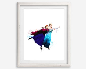 Frozen Anna And Elsa Prints Wall Art Watercolor Printable Frozen Poster Princess Painting Kids Room Wall Decor IceSkating Gift Artwork print