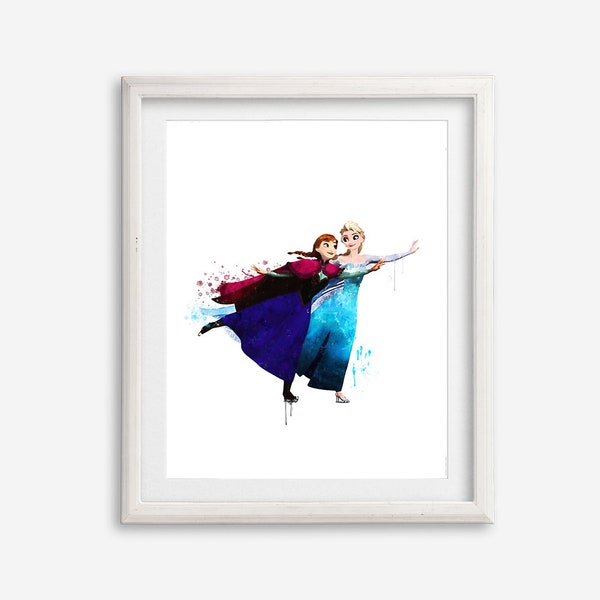 Frozen Anna And Elsa Prints Wall Art Watercolor Printable Frozen Poster Princess Painting Kids Room Wall Decor IceSkating Gift Artwork print