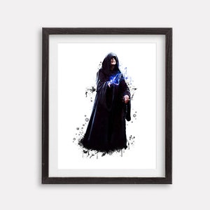 May include: A black and white digital painting of a character from Star Wars wearing a black hooded robe and holding a blue lightsaber. The background is a white splatter pattern.