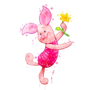 May include: A watercolor painting of Piglet from Winnie the Pooh. Piglet is pink and has a striped shirt. He is holding a yellow flower and smiling.