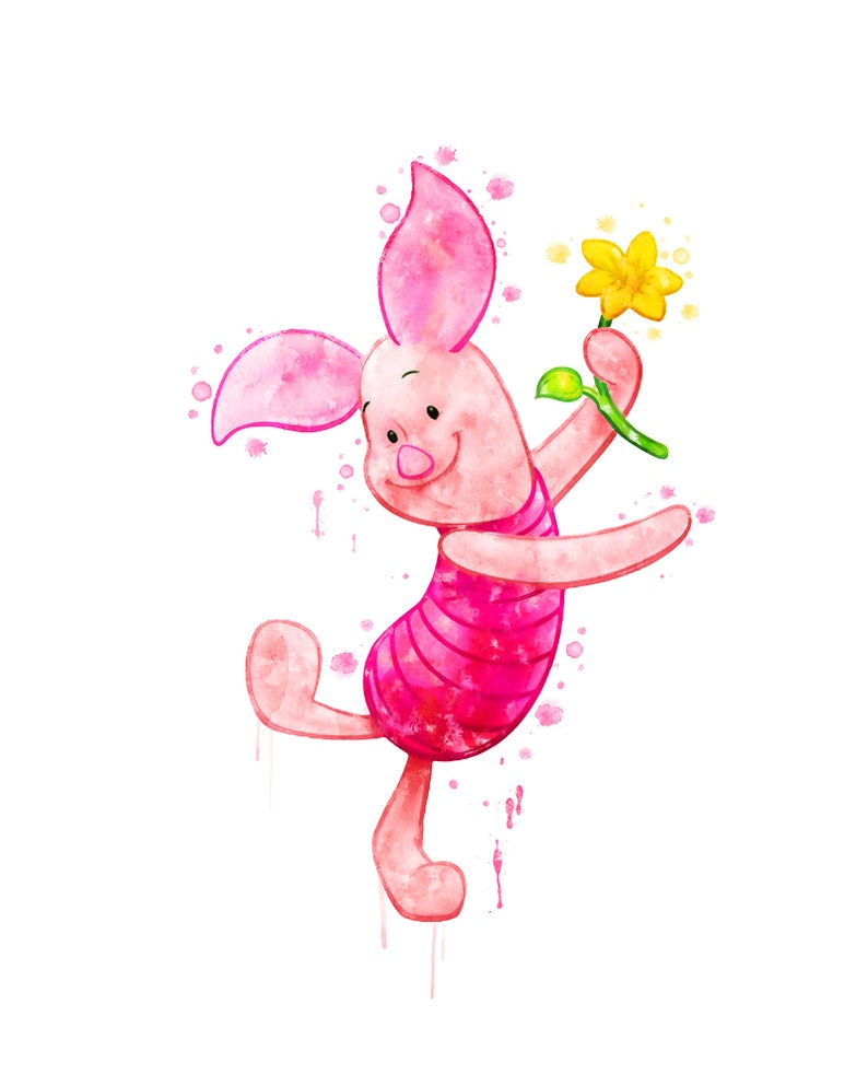 May include: A watercolor painting of Piglet from Winnie the Pooh. Piglet is pink and has a striped shirt. He is holding a yellow flower and smiling.