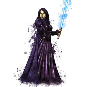 Puede incluir: Una pintura de acuarela de una mujer con una t&uacute;nica de color p&uacute;rpura oscuro sosteniendo un sable de luz azul. La mujer tiene el pelo oscuro y una expresi&oacute;n seria en su rostro.