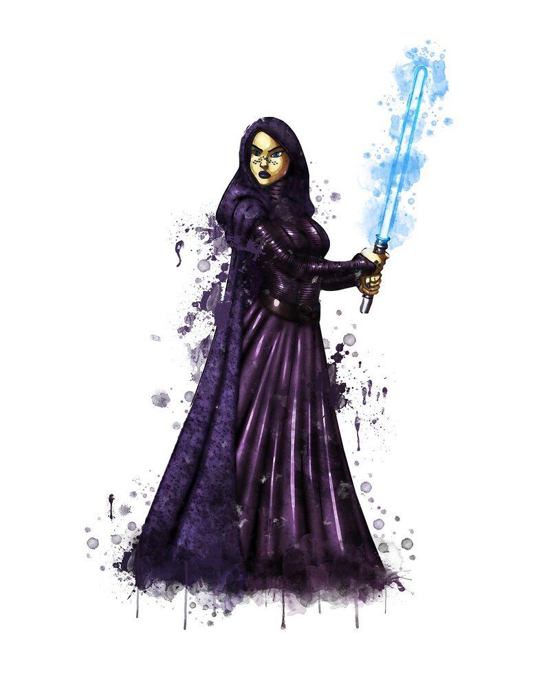 Puede incluir: Una pintura de acuarela de una mujer con una t&uacute;nica de color p&uacute;rpura oscuro sosteniendo un sable de luz azul. La mujer tiene el pelo oscuro y una expresi&oacute;n seria en su rostro.