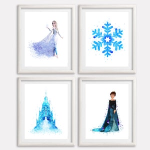 Frozen Art Print Set 4 Elsa Watercolor Frozen Printable Poster Nursery Wall Art Frozen Wall Decor Princess Elsa Painting Kids Room Wall Art