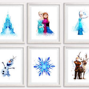 Frozen Wash Drawing Wall Decor Set6 Frozen Elsa Anna Aquarelle Poster Printable Olaf Watercolor Kristoff Art Print Painting Nursery Wall Art