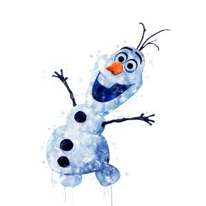 May include: A watercolor painting of Olaf, the snowman from the movie Frozen, with a blue and white color scheme. He is smiling with his arms outstretched and has a carrot nose.