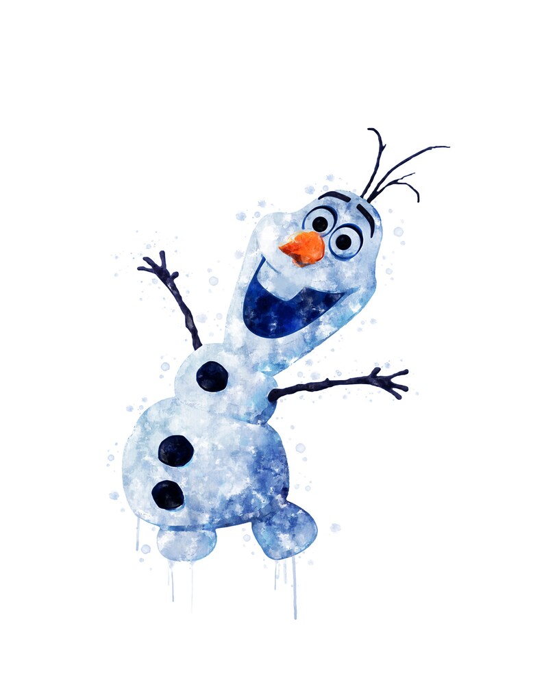 May include: A watercolor painting of Olaf, the snowman from the movie Frozen, with a blue and white color scheme. He is smiling with his arms outstretched and has a carrot nose.