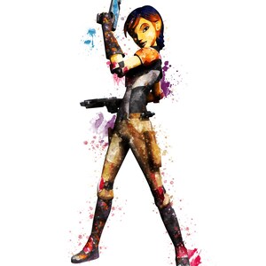 Puede incluir: Una ilustraci&oacute;n de acuarela de un personaje femenino de Star Wars Rebels. Lleva un mono marr&oacute;n y naranja con un chaleco negro y botas. Sostiene un bl&aacute;ster en su mano derecha y mira hacia la izquierda. El fondo es un lienzo blanco con salpicaduras de acuarela.