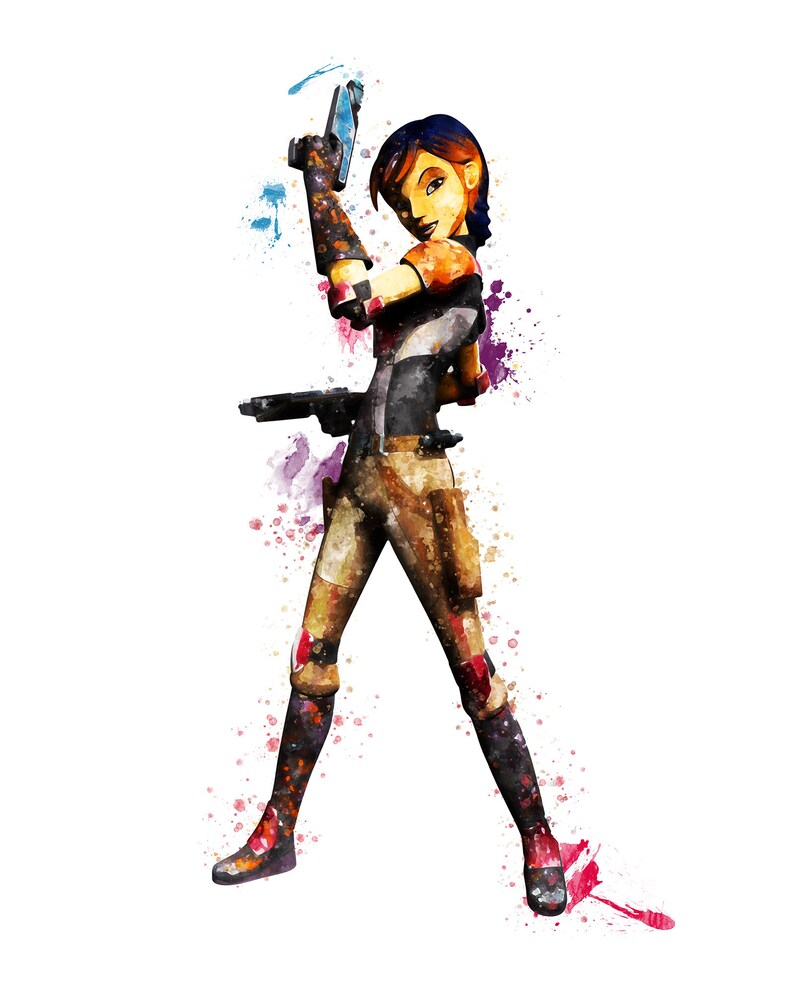 Puede incluir: Una ilustraci&oacute;n de acuarela de un personaje femenino de Star Wars Rebels. Lleva un mono marr&oacute;n y naranja con un chaleco negro y botas. Sostiene un bl&aacute;ster en su mano derecha y mira hacia la izquierda. El fondo es un lienzo blanco con salpicaduras de acuarela.