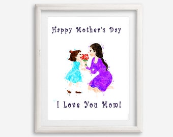 Mother and Daughter watercolor Art Print Personalised Mothers Day Gift for Mum Mom Gift Ideas Floral Gift for  Printable Mother's Day Card
