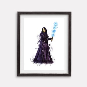 May include: A watercolor painting of a woman in a purple robe holding a blue lightsaber. The background is white with splatters of blue and purple paint.