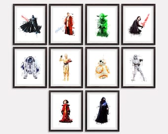 Star Wars Set 10 Watercolor Prints Star Wars Poster Darth Vader Art Kenobi Wall Decor Star Wars Printable Painting BB8 R2D2 C3PO Artwork